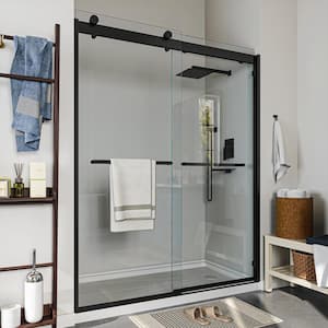 56 in. to 61 in. W x 76 in. H Sliding Framed Shower Door in Black Finish with Clear Glass