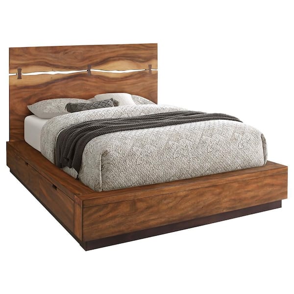 Benjara Zeko Brown and Black Wood Frame King Panel Bed with