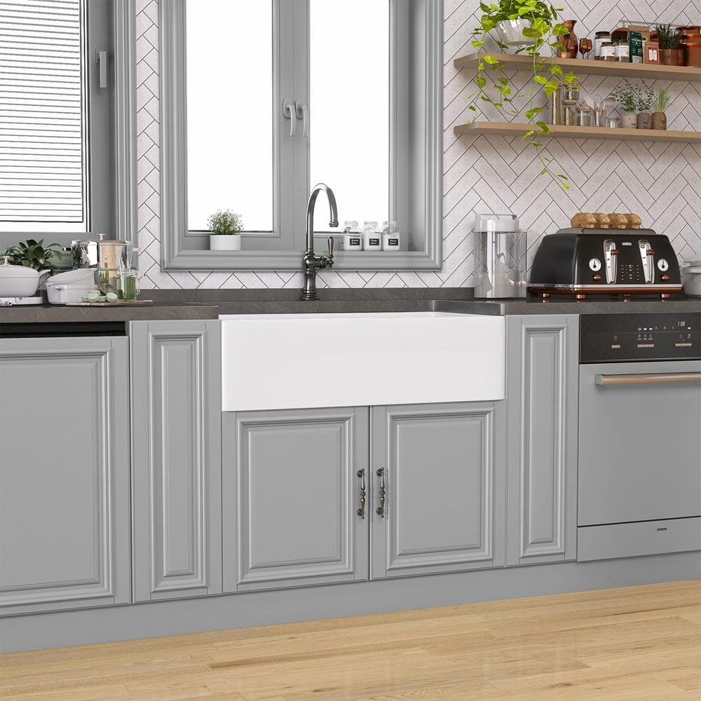 White Fireclay Single Bowl Farmhouse Kitchen Sink with Grid