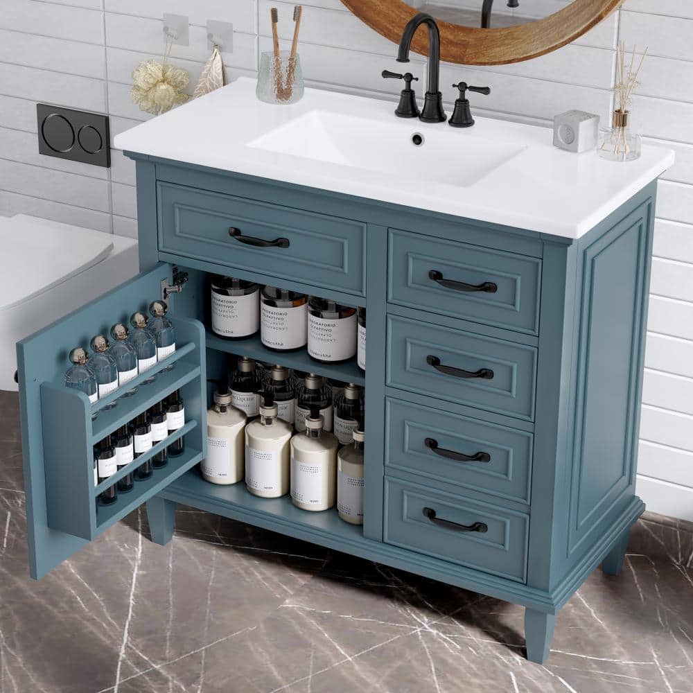 36 in. W x 18.3 in. D x 34.6 in. H Freestanding Bath Vanity in Blue Gray with White Ceramic Top(Unassembled) price history on PriceWatchPro