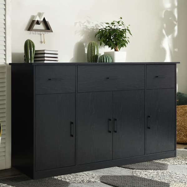 VEIKOUS 56 in. Accent Storage Cabinet Kitchen Storage Cabinet with 4-Doors and 3-Drawers in Black