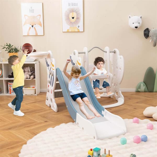 Toddler Slide and Swing Set 4-In-1 Indoor Playground with Extended Slide and Swing Blue