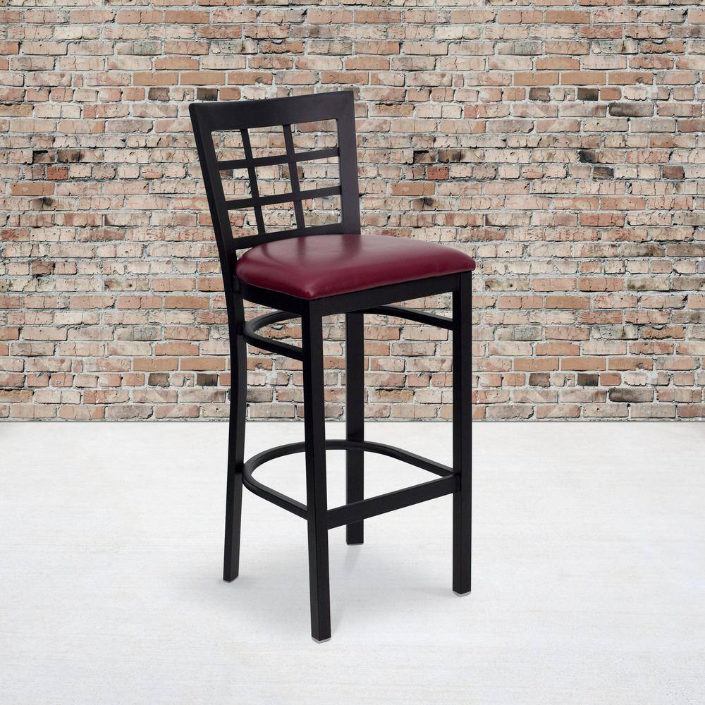 Hercules 29" Black Metal Bar Stool with Burgundy Vinyl Seat