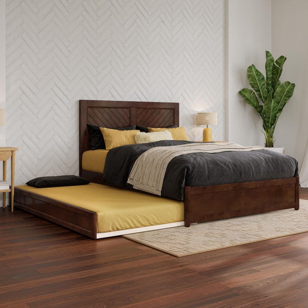 Clayton Walnut Brown Solid Wood Frame Full Platform Bed with Panel Footboard Twin Trundle price history on PriceWatchPro