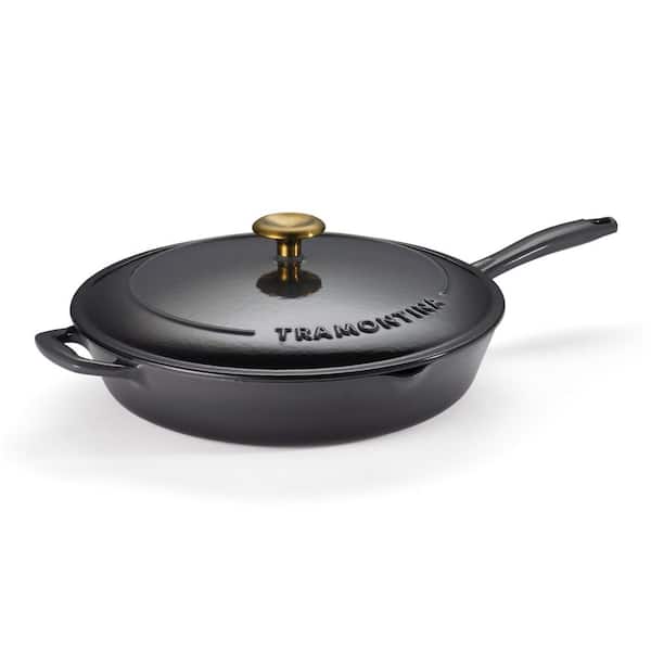 Bestow 12 in. Enameled Covered Cast Iron Skillet-Smoke with Gold Stainless Steel Knob