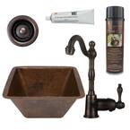 Bronze 16 Gauge Copper 15 in. Dual Mount Square Bar Sink with Faucet and 2 in. Strainer Drain