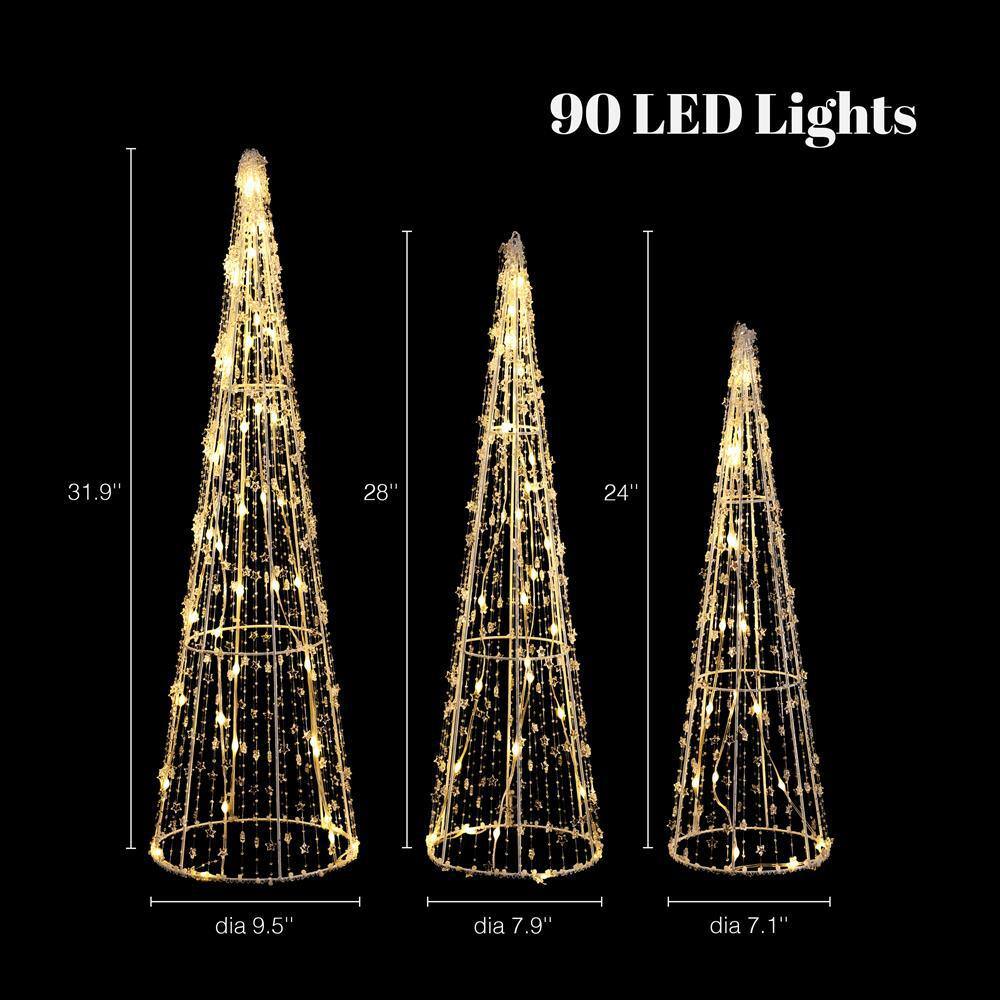 Gold Lighted Metal Cone Trees Set for Indoor and Outdoor Holiday Decoration