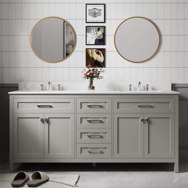 Abruzzo 72.6 in. W x 22.4 in. D x 40.7 in. H Double Sink Bath Vanity in Gray with White Engineered Stone Top