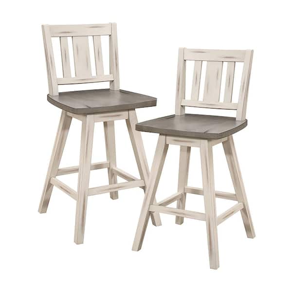 Unbranded Fenton 23 in. Distressed Gray and White Wood Swivel Counter Height Chair (Slat Back) with Wood Seat (Set of 2)