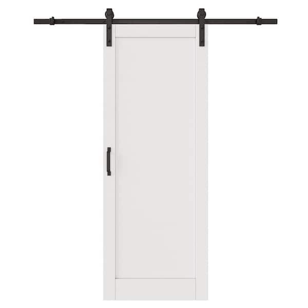 32 in. x 96 in. White Primed Paneled DIY Painting MDF Composite Sliding Barn Door with Hardware Kit