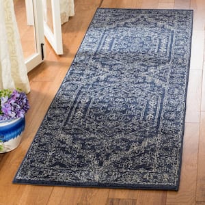 Adirondack Navy/Ivory 3 ft. x 12 ft. Border Runner Rug