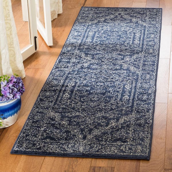 Adirondack Navy/Ivory 3 ft. x 12 ft. Border Runner Rug