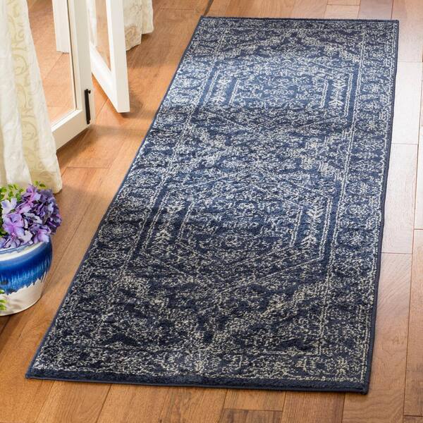 Adirondack Navy/Ivory 3 ft. x 14 ft. Border Runner Rug