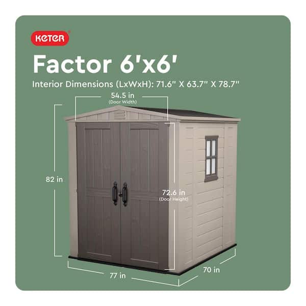 Factor 6 ft. W x 6 ft. D Outdoor Durable Resin Plastic Storage Shed with Double Doors, Taupe Brown (37.43 sq. ft.)