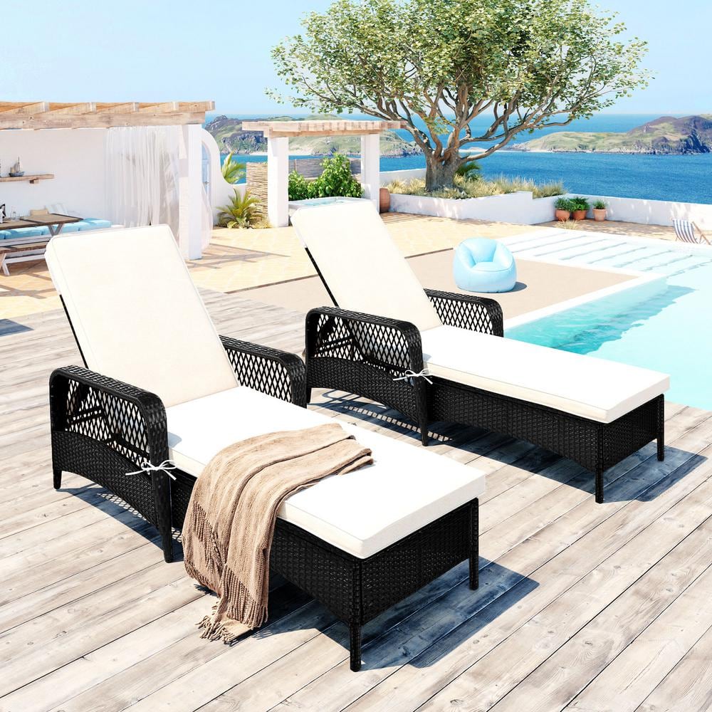 2-Piece Black Wicker Arm Outdoor Lounge Chair With Beige Cushions