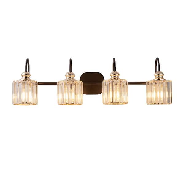 Modland 32 in. 4-Light Matte Black Bath Vanity Light With Clear Rippled Glass Shades