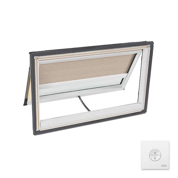 VELUX 44-1/4 in. x 26-7/8 in. Solar Powered Venting Deck Mount Skylight w/ Laminated Low-E3 Glass & Beige Room Darkening Blind