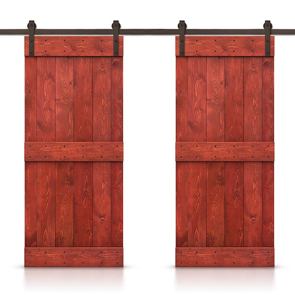 CALHOME 60 in. x 84 in. Mid-Bar Series Cherry Red Stained Solid Pine Wood Interior Double Sliding Barn Door with Hardware Kit