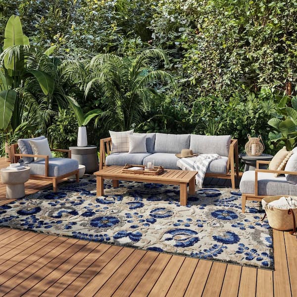 Aloha Blue 8 ft. x 11 ft. Floral Modern Indoor/Outdoor Patio Area Rug