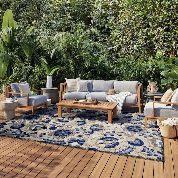 Aloha Blue 8 ft. x 11 ft. Floral Modern Indoor/Outdoor Patio Area Rug