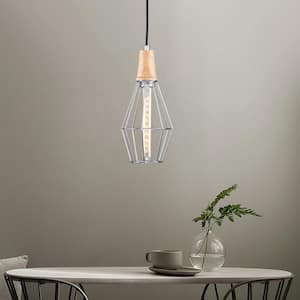 1-Light Chrome Geometric Cage Pendant Light with Wood Accents and Bulb