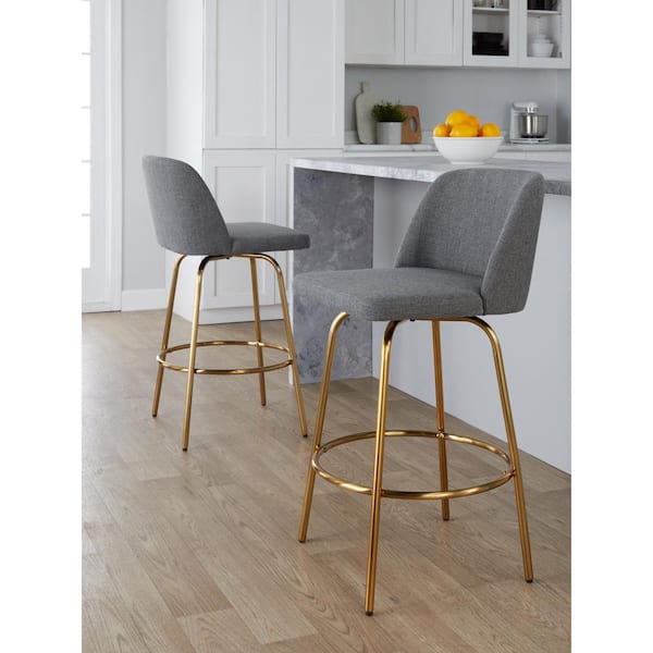 Toriano 26 in. Grey Fabric and Gold Metal Fixed-Height Counter Stool (Set of 2)