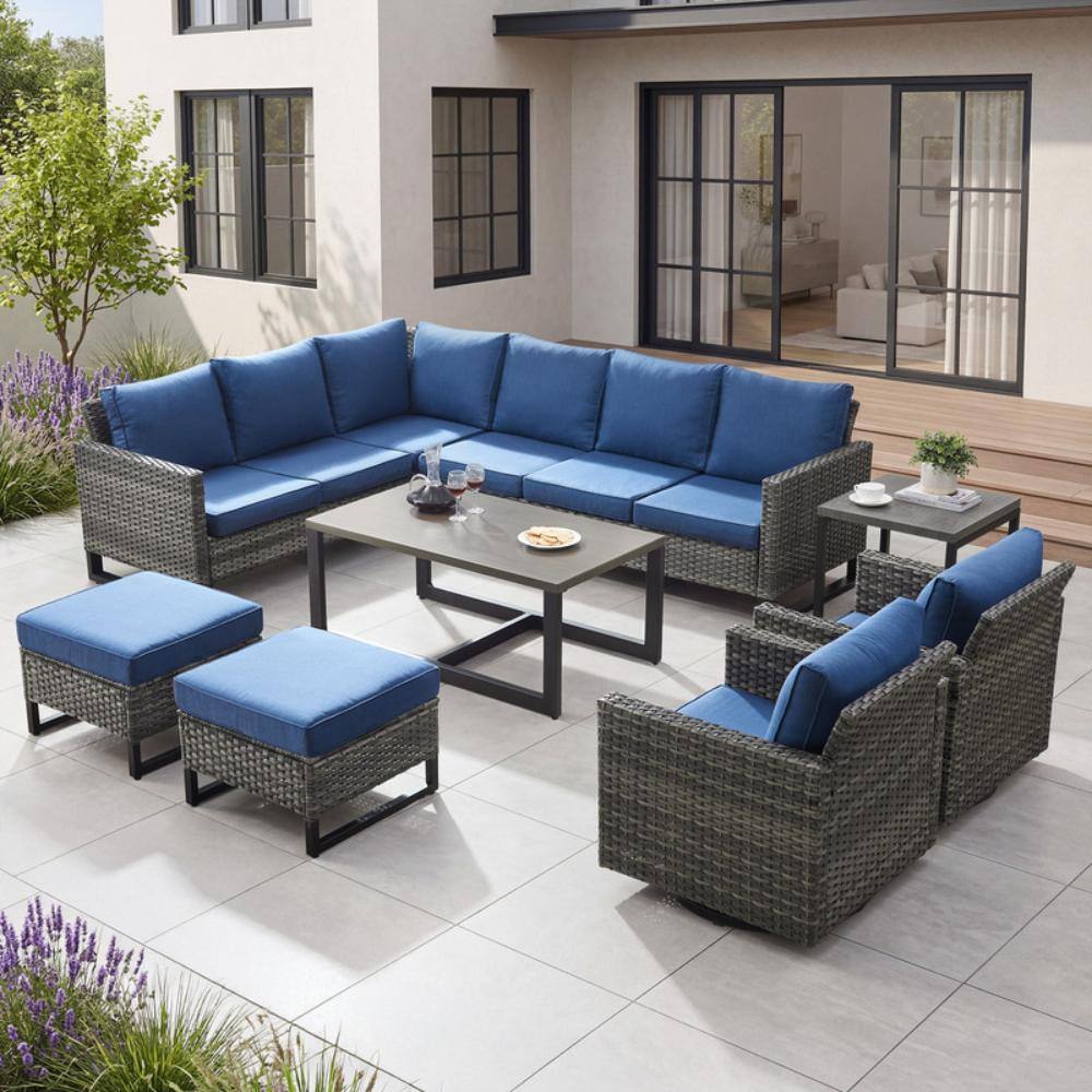 UvaNest Gray Wicker 7-Piece Outdoor Set Furniture Patio Sectional Furniture Sets Conversation Sets with Blue Cushion price history on PriceWatchPro