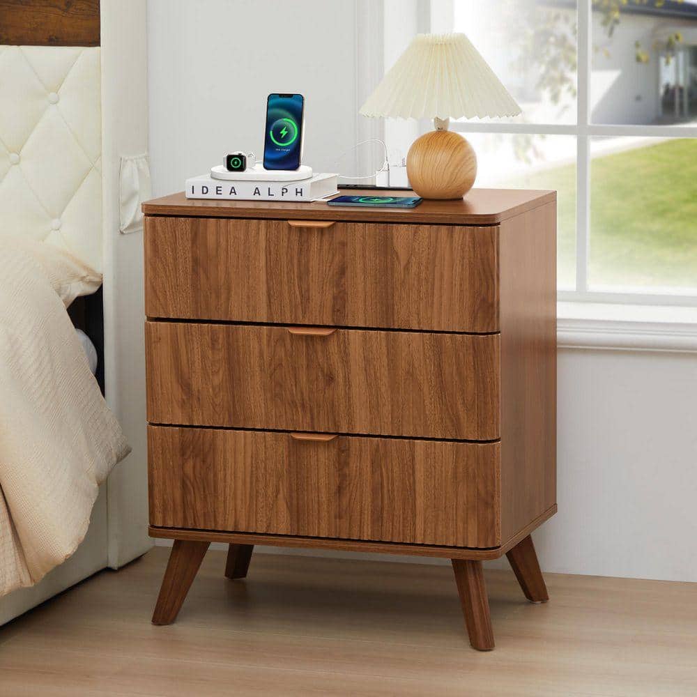 ATHMILE 23. 62in. W Walnut 3-Drawer Nightstand with Charging