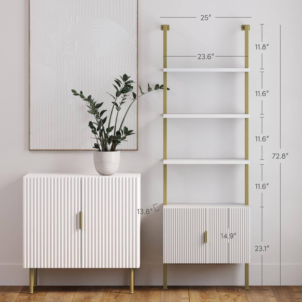 White and Gold Adjustable Ladder Bookcase with Cabinet