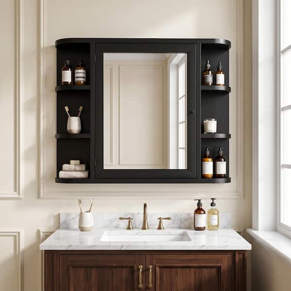 Modern 31.5 in. W Black Medicine Cabinet with Mirror & Shelves for Bathroom
