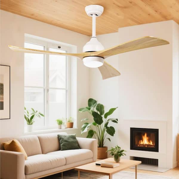 TaiMei Helio 52 in. White Solid Oak Downrod Modern Ceiling Fan with Dimmable LED with Remote Included DC Motor