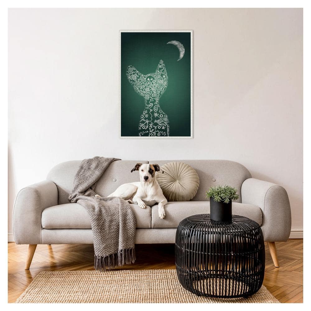Emerald Abstract Cat and Moon Beaded Canvas Wall Art