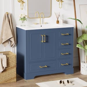 36 in. W x 18 in. D x 34 in. H Freestanding Bath Vanity in Blue with White Resin Top