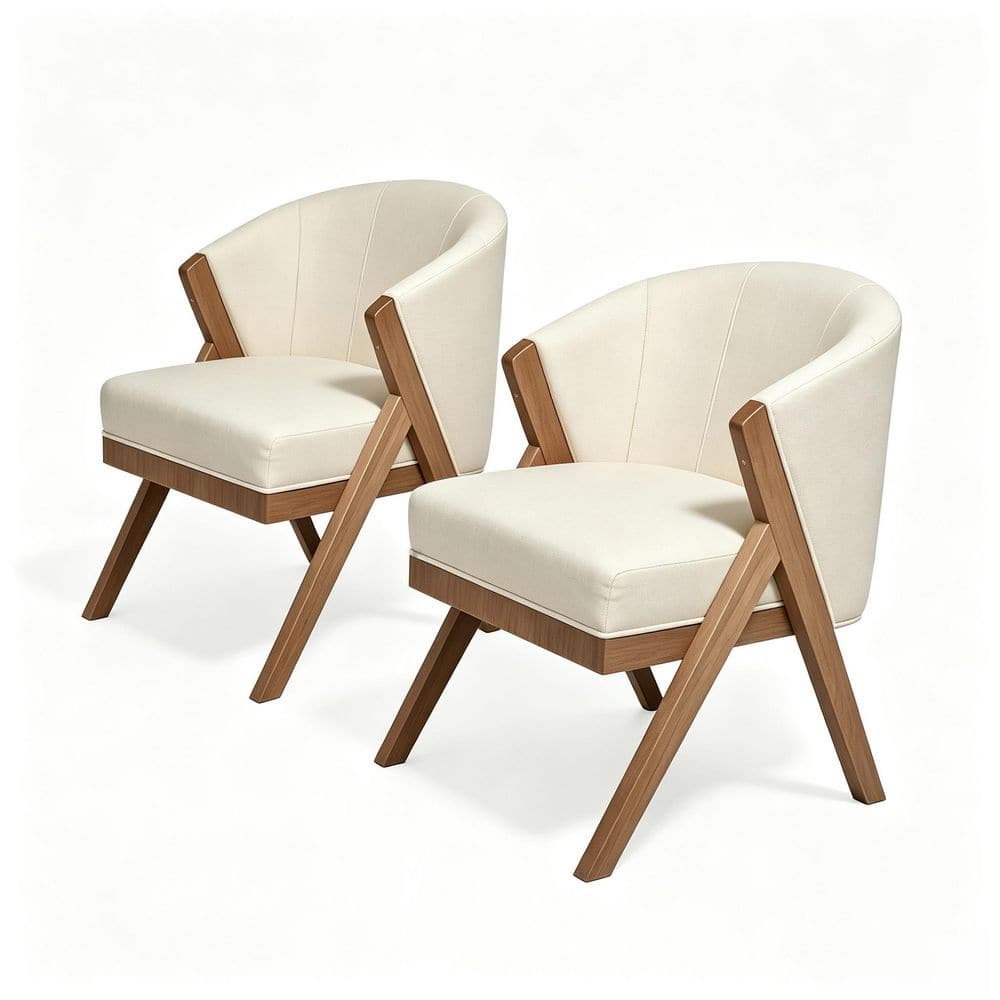 Beige Linen Upholstered Living Room Arm Chair with Wood Frame and Plush Cushion for Bedroom or Office (Set of 2)