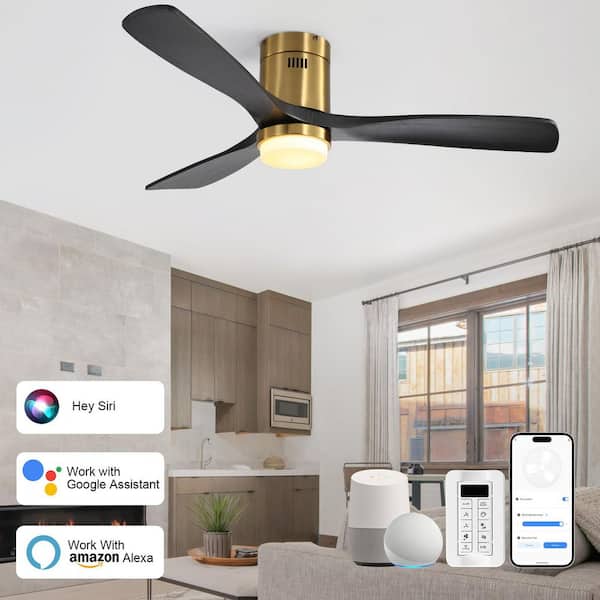 52 in. Standard LED Indoor/Outdoor Flush Mount Glod Ceiling Fan with Wood Blades, 6-Speed DC Remote and APP Control