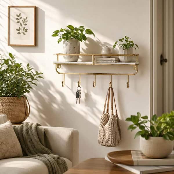 20 in. W x 6 in. D White/Gold Metal 5 Hook Decorative Wall Shelf
