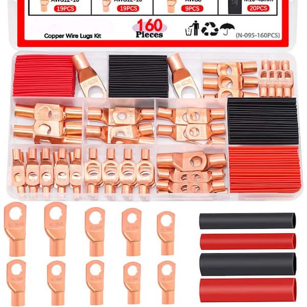 160-Piece Copper Cable Wire Lugs Ring Terminals Connectors 2-12 AWG Gauge with Heat Shrink Tubing