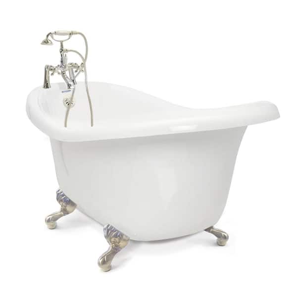 American Bath Factory Chelsea 60 in. Acrylic Slipper Clawfoot Bathtub Package in White with Satin Nickel Imperial Feet and Deck Mount Faucet