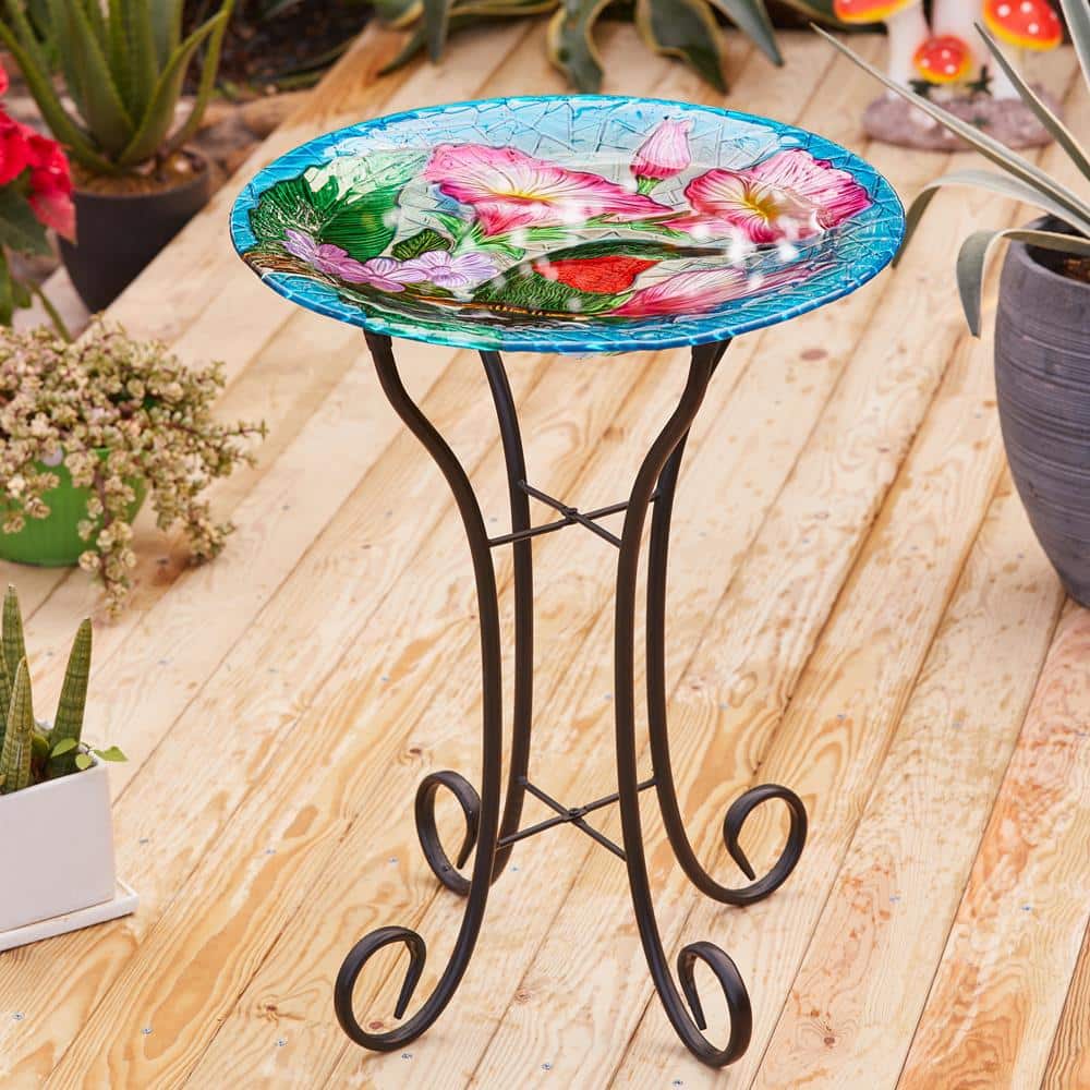 Hummingbird Floral Glass Birdbath with Metal Stand