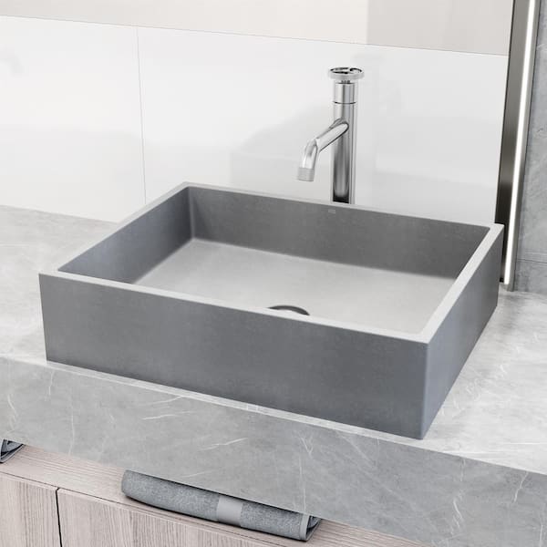 VIGO Coca Gray Concreto Stone Rectangular Bathroom Vessel Sink with Cass Vessel Faucet and Pop-Up Drain in Brushed Nickel