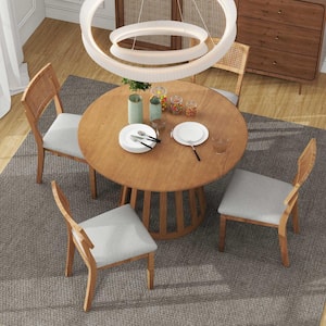 5-Piece Round Light Brown Wood Dining Set with 4-Linen Upholstered Chairs, Hollowed-out Woven Rattan Design