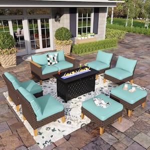 Brown Rattan Wicker 8 Seat 9-Piece Steel Outdoor Patio Conversation Set with Blue Cushions, Rectangular Fire Pit Table