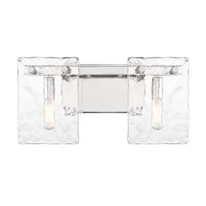 Genry 15.25 in. 2-Light Polished Nickel Bathroom Vanity Light with Clear Rippled Glass Panes