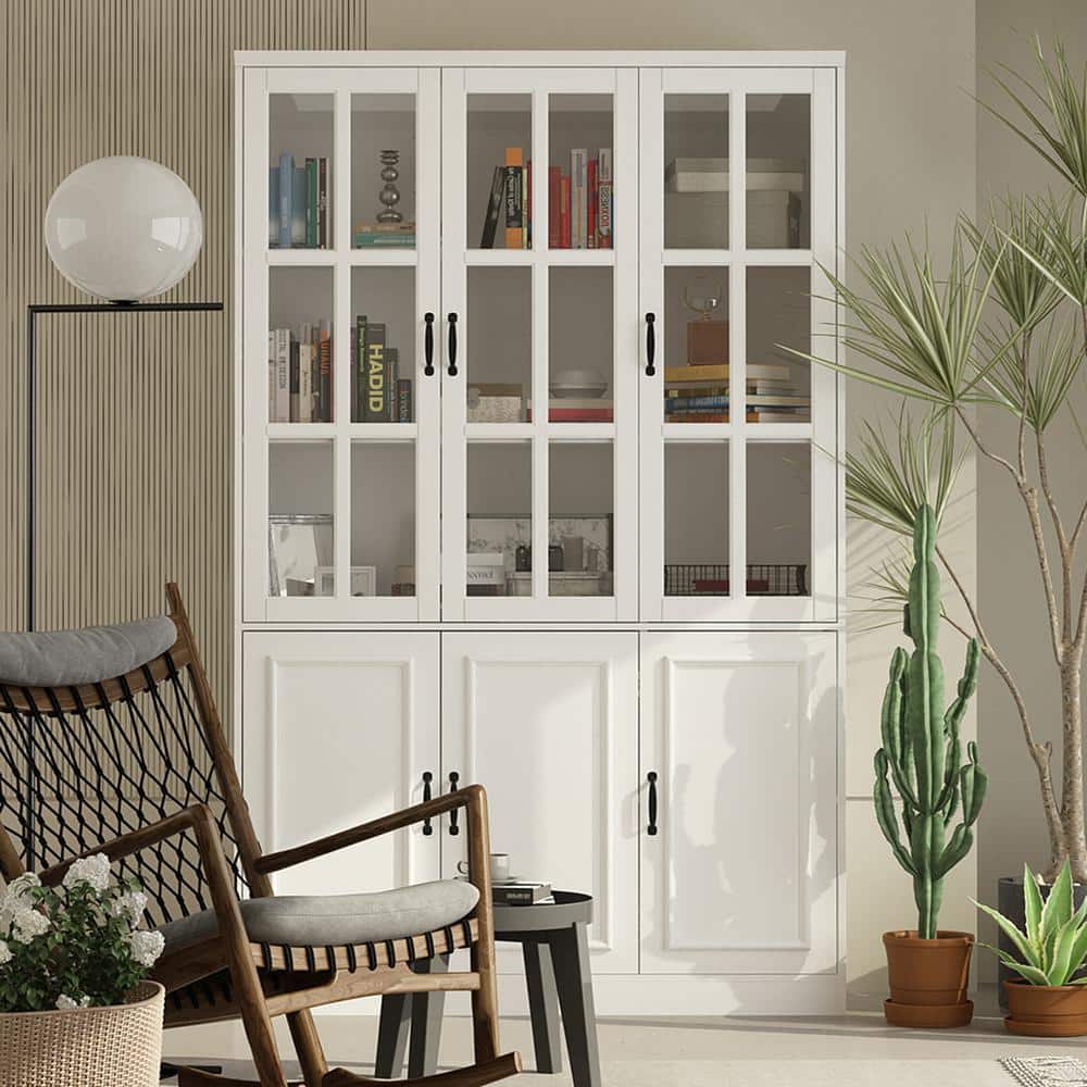 FUFU GAGA White Wood Storage Cabinet Kitchen Hutch with Glass Doors Adjustable Shelves 47.2 in. W x 15.7 in. D x 78.7 in. H