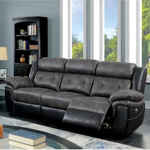 Dacious 90.25 in. W Gray and Black Faux Leather 3-Seat Sofa with USB Charger
