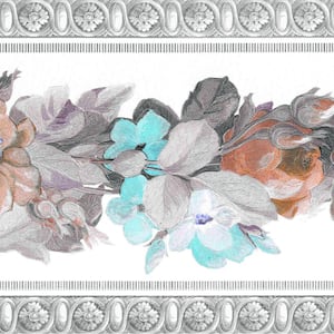 Falkirk Dandy II Blue Grey Flowers and Leaves Damask Peel and Stick Wallpaper Border