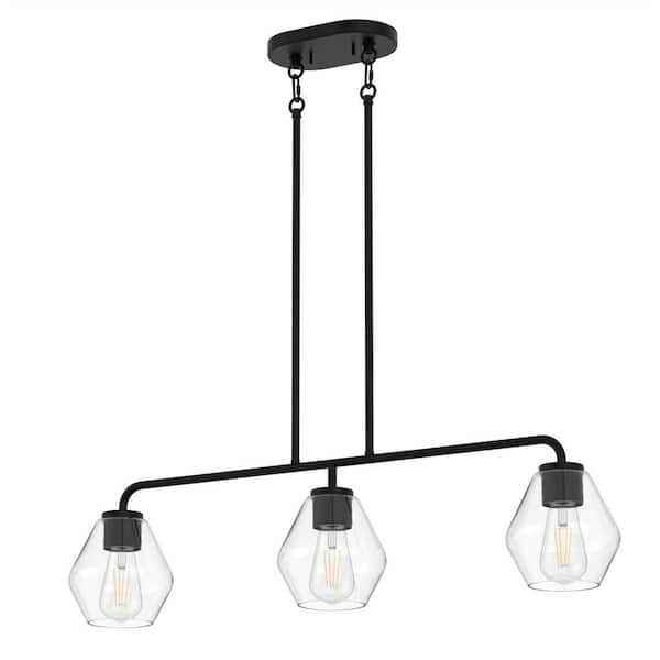 YANSUN 32 in. Modern 3-Light Indoor Island Pendant Light, Black with Glass Shade for Bar, Dining Room, and Kitchen Island