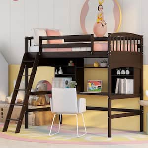 Espresso Twin Loft Bed with Desk and Shelves, Wooden Loft Bed Frame for Kids, Loft Bed with Ladder and Safety Guardrail