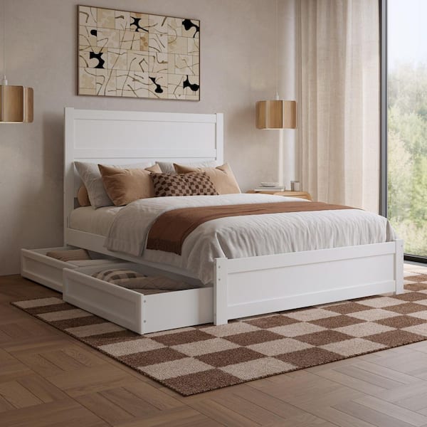 Aveline White Wood Frame Full Platform Bed with Matching Footboard and Storage Drawers
