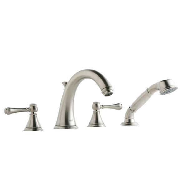 GROHE Geneva 2-Handle Deck-Mount Roman Bathtub Faucet with Handheld Shower in Brushed Nickel